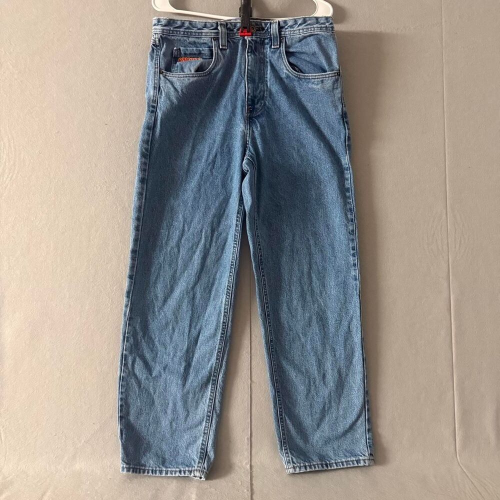 Y2K Gorilla baggy straight-leg jeans in light-wash cotton denim, tagged size 30